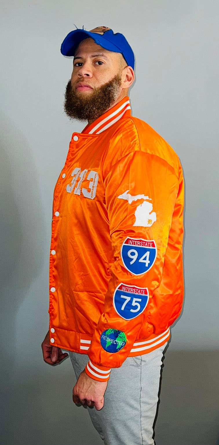 Detroit Day Satin Jacket (Orange w/ White Letters)