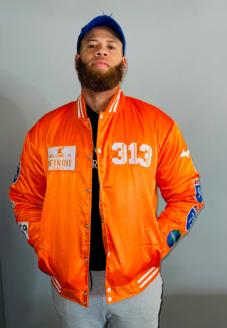 Detroit Day Satin Jacket (Orange w/ White Letters)