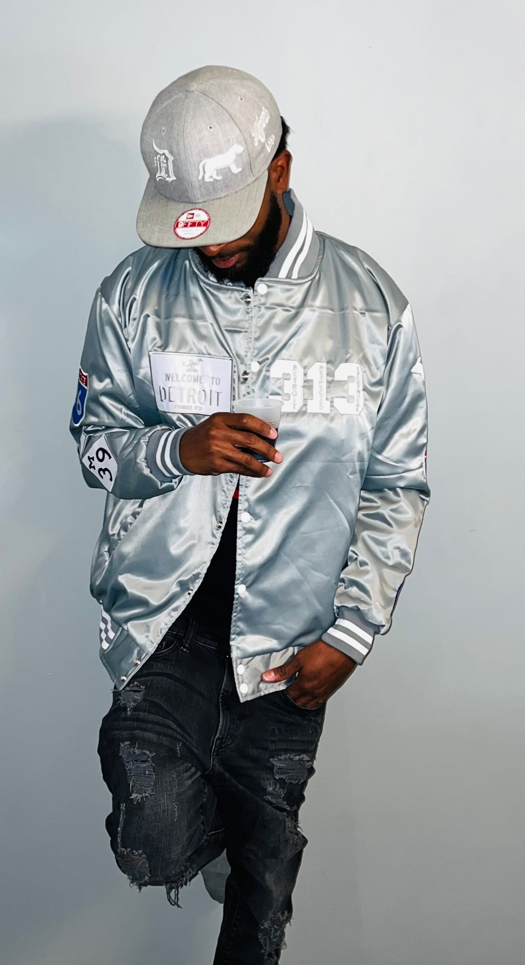 Detroit Day Satin Jacker (Gray with White Letters)
