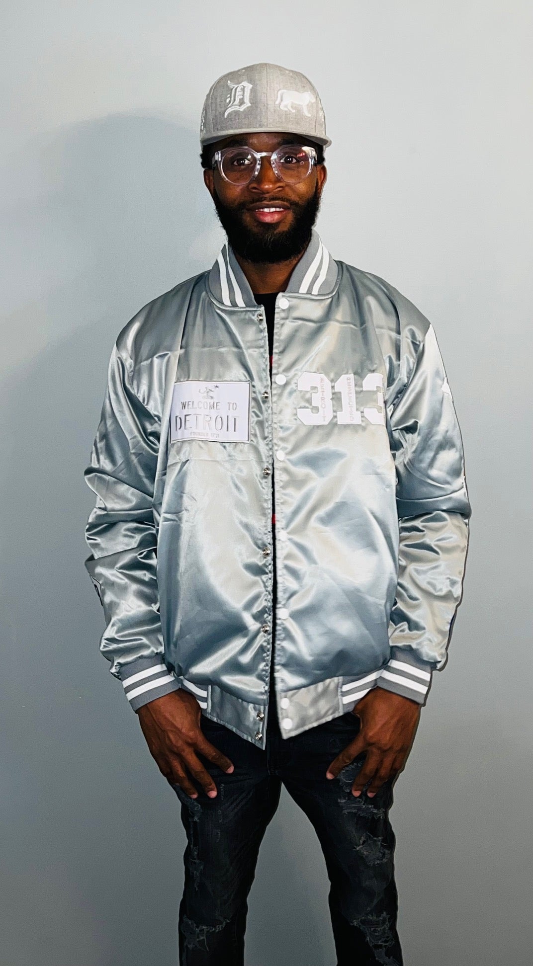 Detroit Day Satin Jacker (Gray with White Letters)