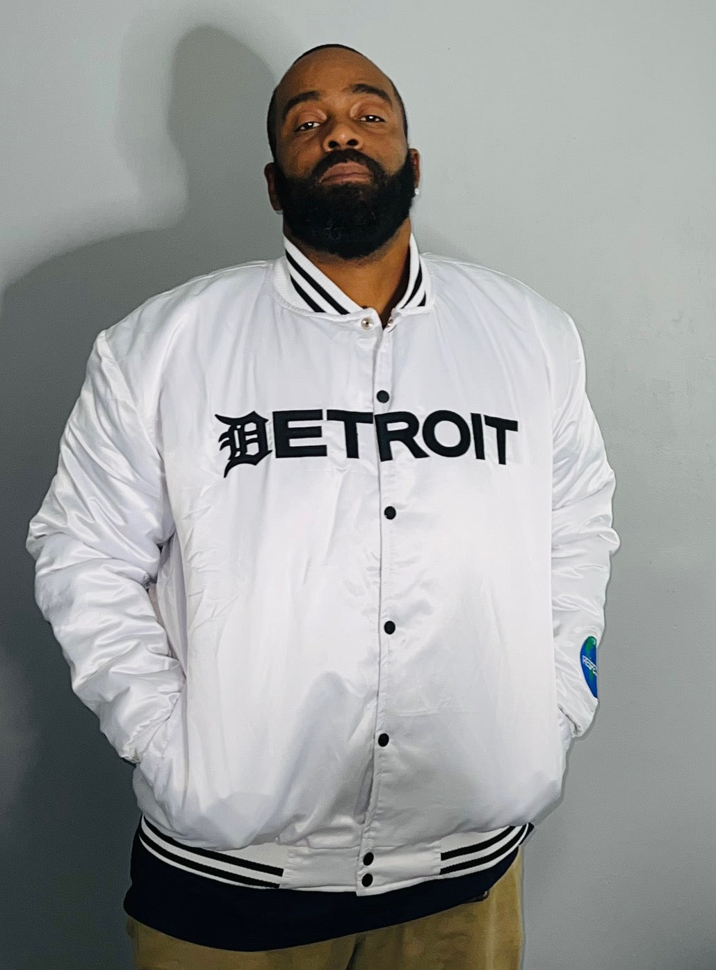 White Mitten Satin jacket w/ Black Letters