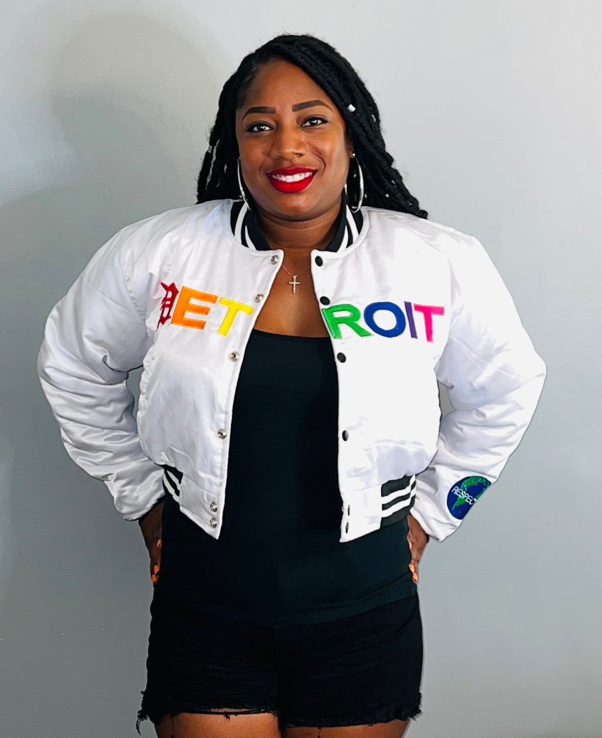 Detroit Mitten Crop Top Satin Varsity w/ Rainbow Letters (White)