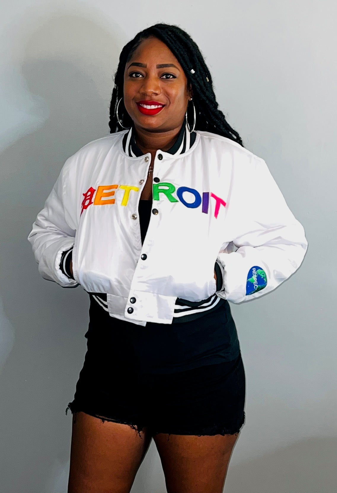 Detroit Mitten Crop Top Satin Varsity w/ Rainbow Letters (White)