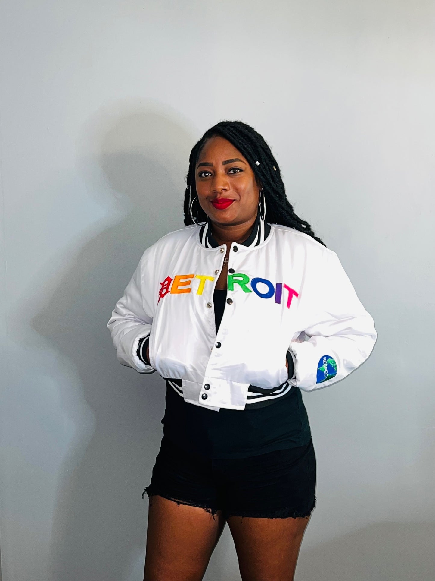 Detroit Mitten Crop Top Satin Varsity w/ Rainbow Letters (White)