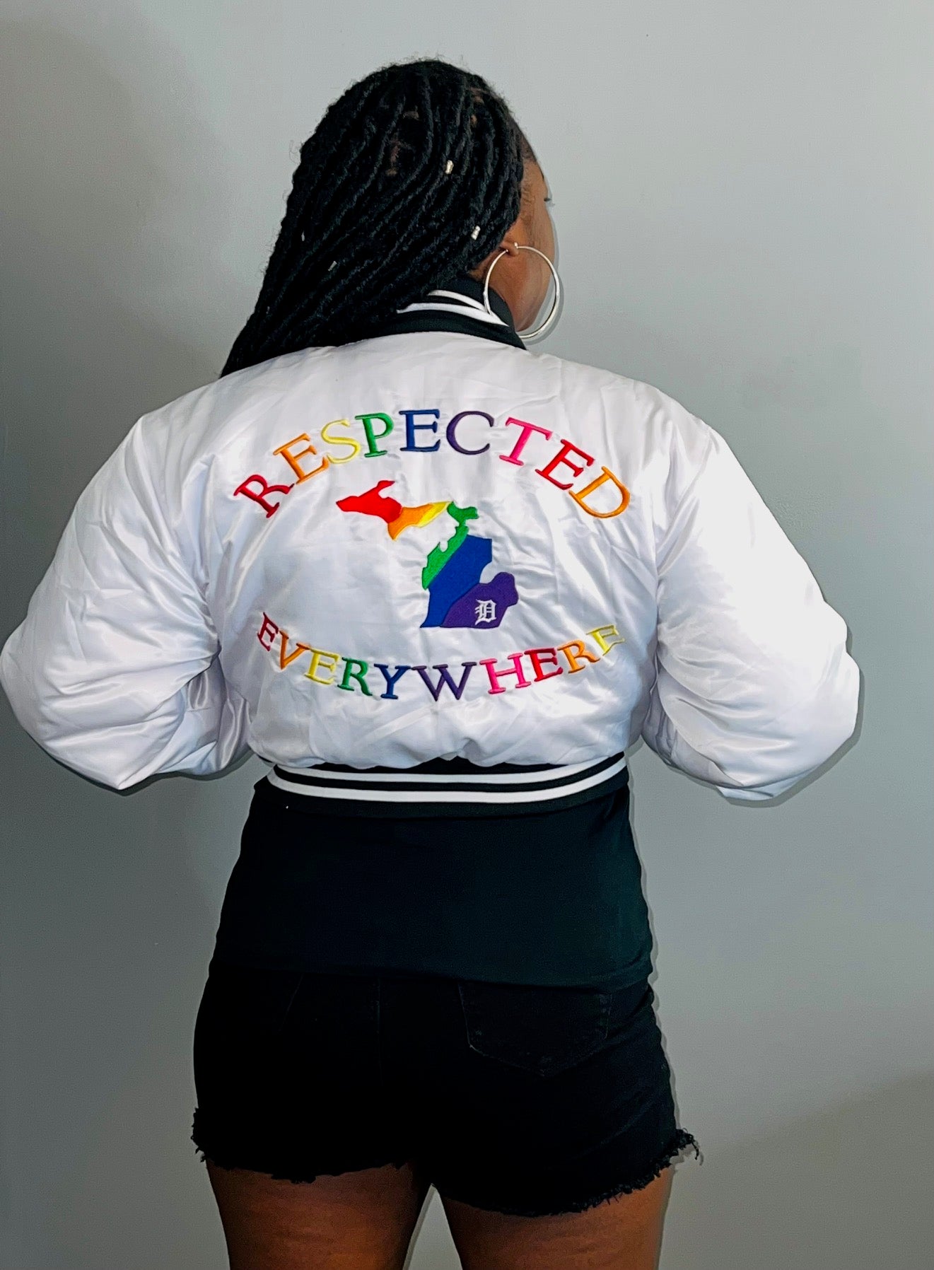 Detroit Mitten Crop Top Satin Varsity w/ Rainbow Letters (White)