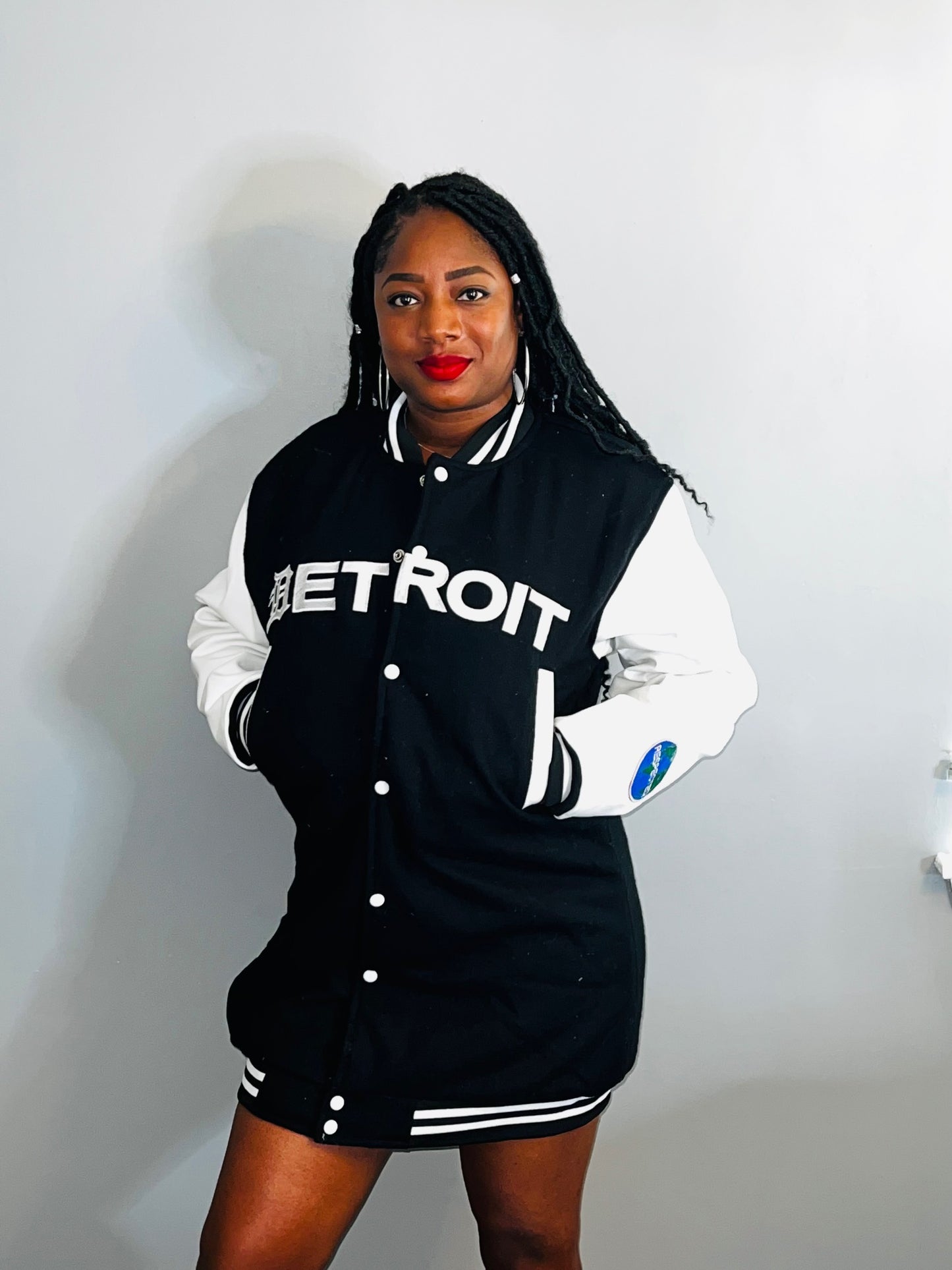 Detroit Varsity Jacket Dress Black w/ White Leather Sleeves