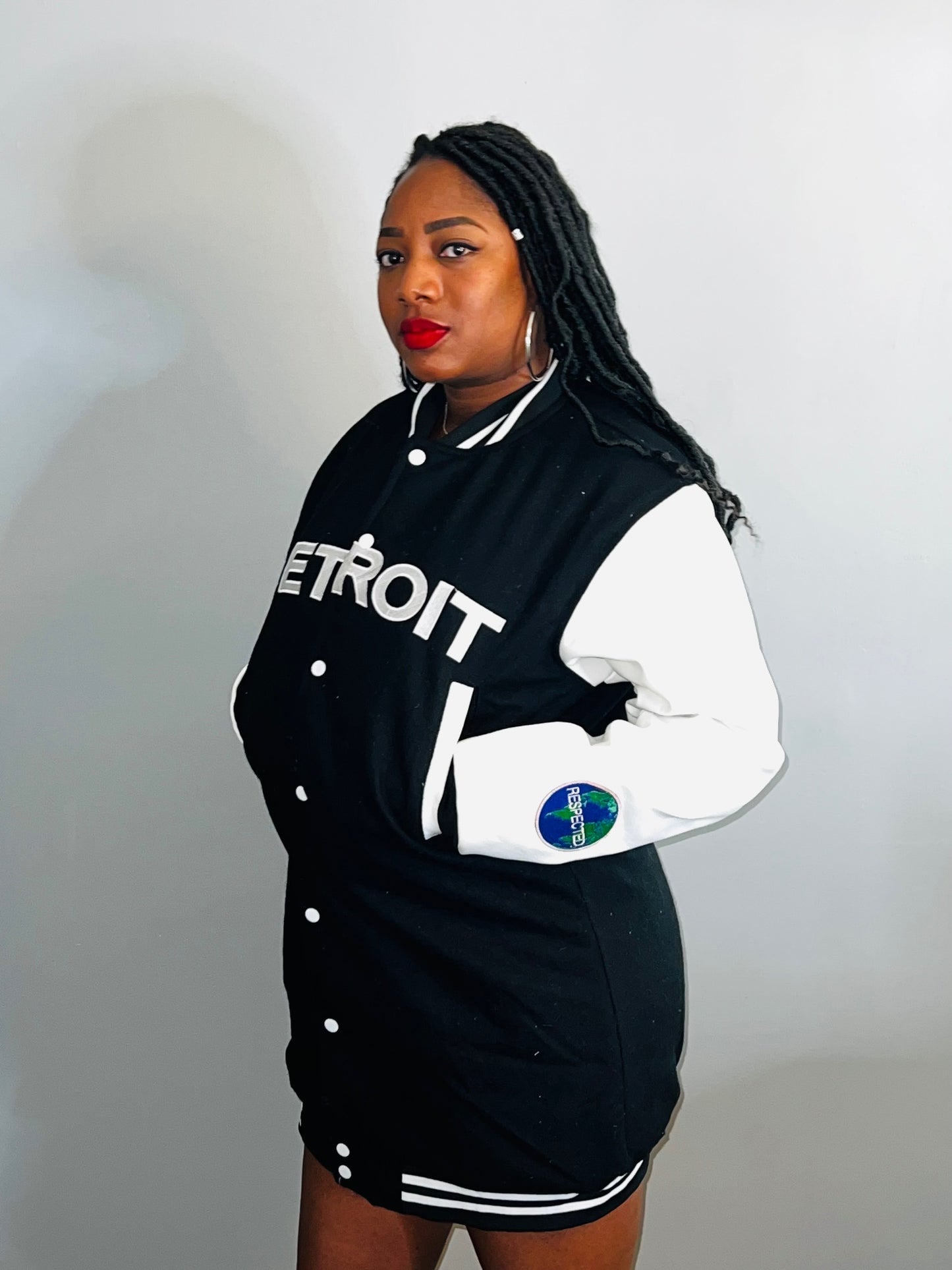 Detroit Varsity Jacket Dress Black w/ White Leather Sleeves