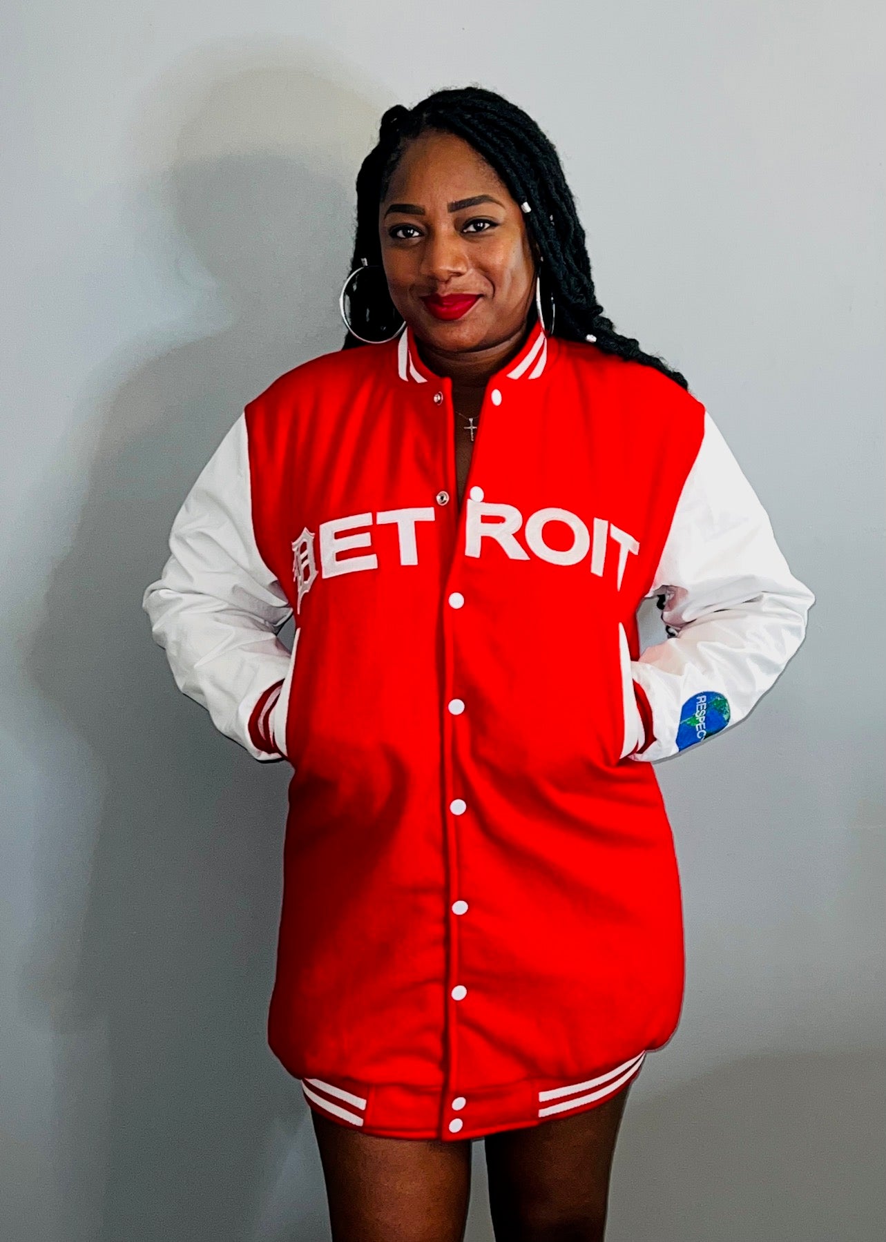 Detroit Varsity Jacket Dress Red w/ White Leather Sleeves