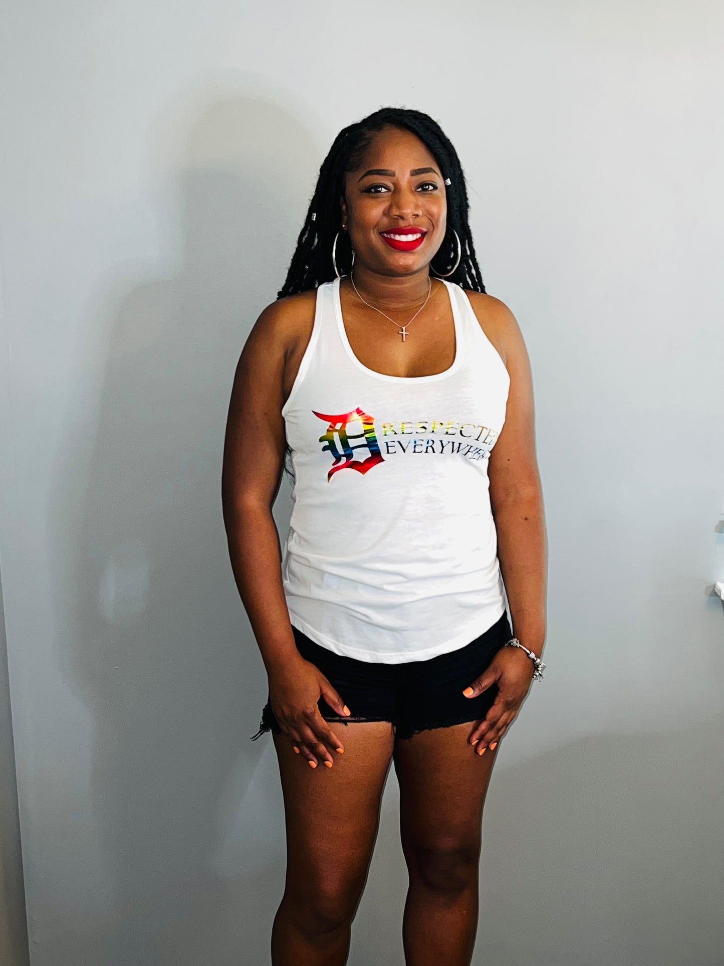 Dre Horizontal Tank Top White w/ Rainbow Letters