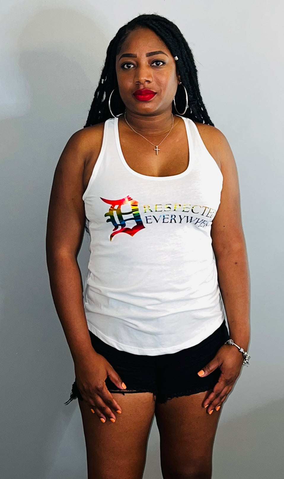 Dre Horizontal Tank Top White w/ Rainbow Letters