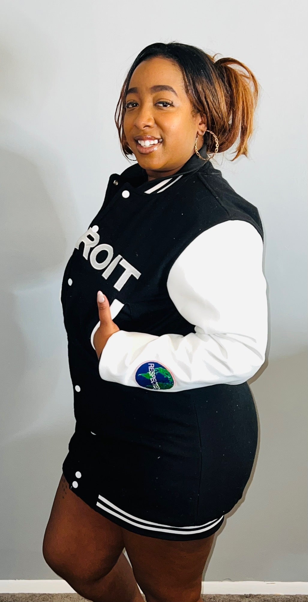 Detroit Varsity Jacket Dress Black w/ White Leather Sleeves