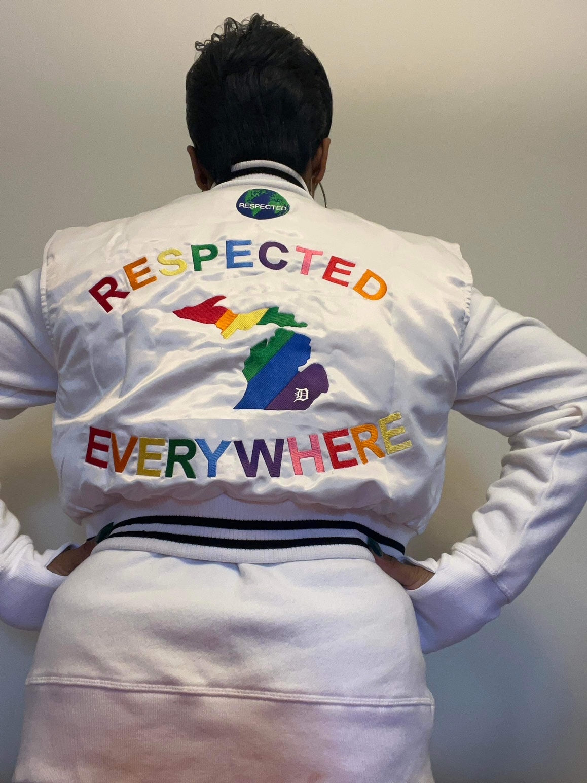 Detroit Mitten Crop Top Hoodie Vest w/ Rainbow Letters (White)