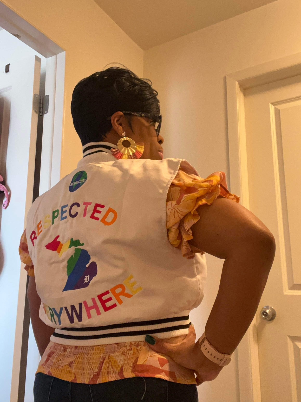 Detroit Mitten Crop Top Hoodie Vest w/ Rainbow Letters (White)