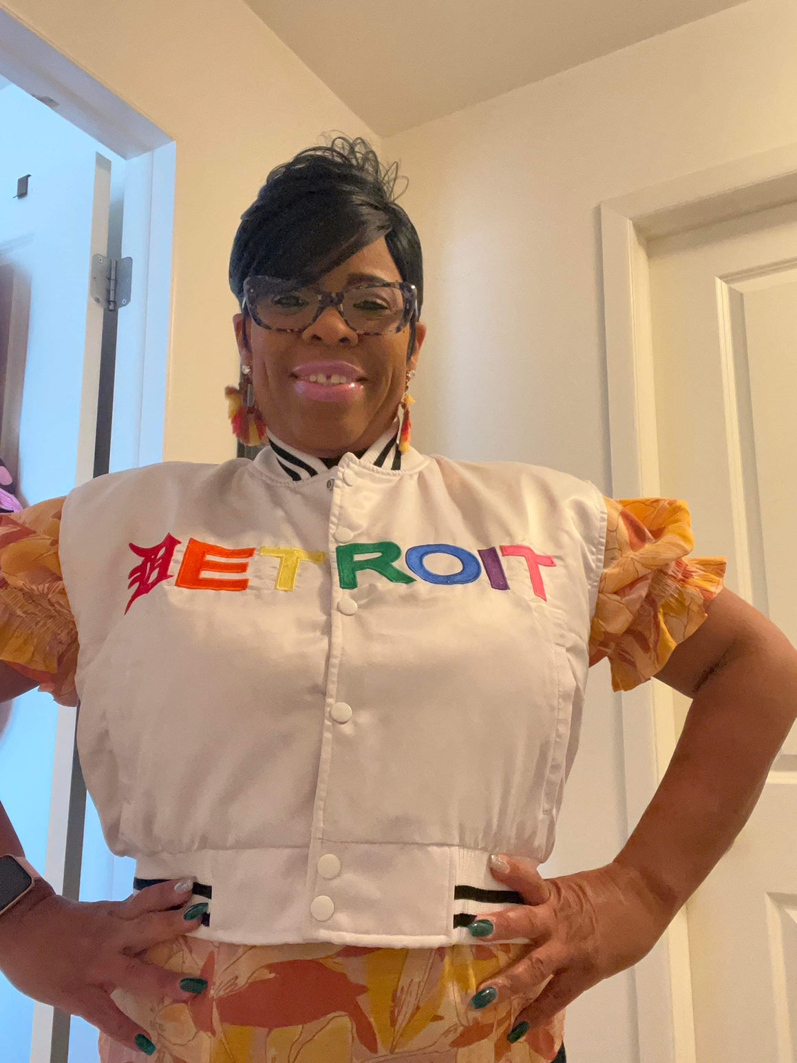 Detroit Mitten Crop Top Hoodie Vest w/ Rainbow Letters (White)