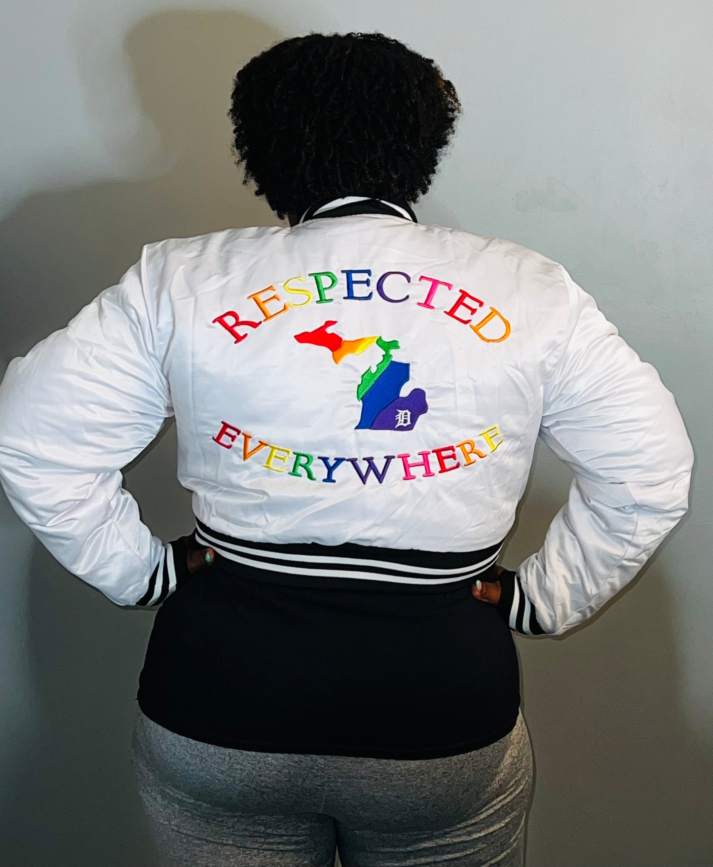 Detroit Mitten Crop Top Satin Varsity w/ Rainbow Letters (White)