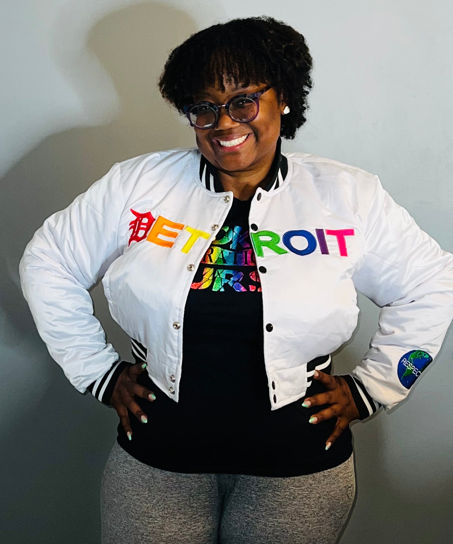 Detroit Mitten Crop Top Satin Varsity w/ Rainbow Letters (White)