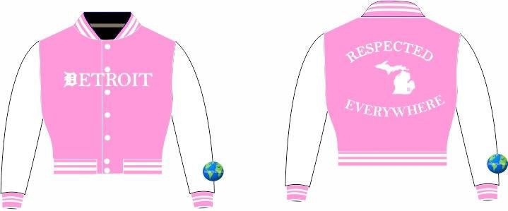 Detroit Mitten Crop Varsity Jacket Light Pink w/ White Leather Sleeves