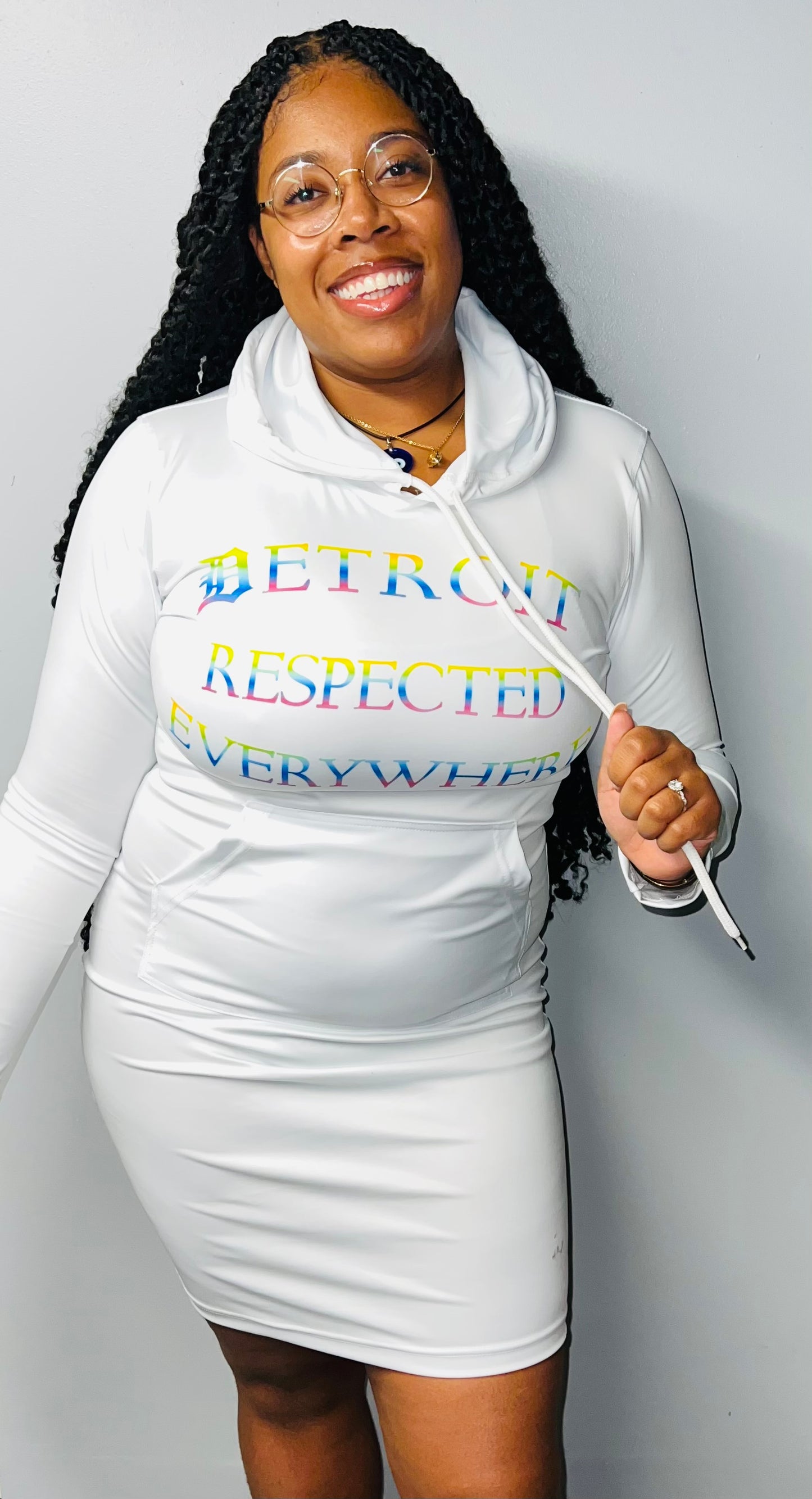 Fitted White w/ Rainbow Letters Hoodie Dress