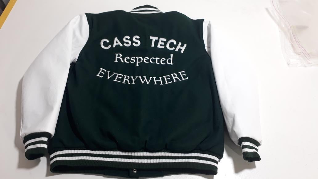 Detroit Cass Tech Half Moon Varsity Jacket Green w/ White Leather Sleeves