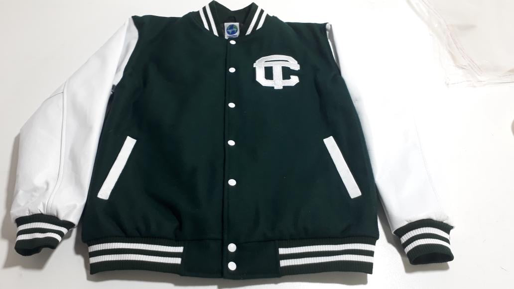 Detroit Cass Tech Half Moon Varsity Jacket Green w/ White Leather Sleeves