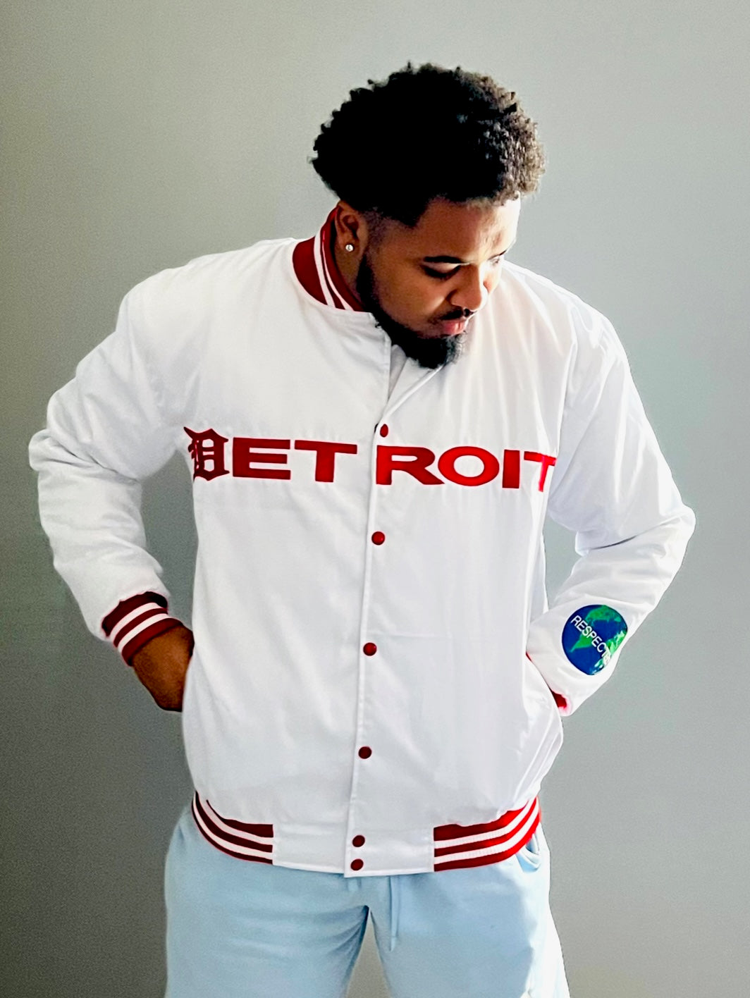 Detroit Mitten Satin Jacket White w/ Red Letters