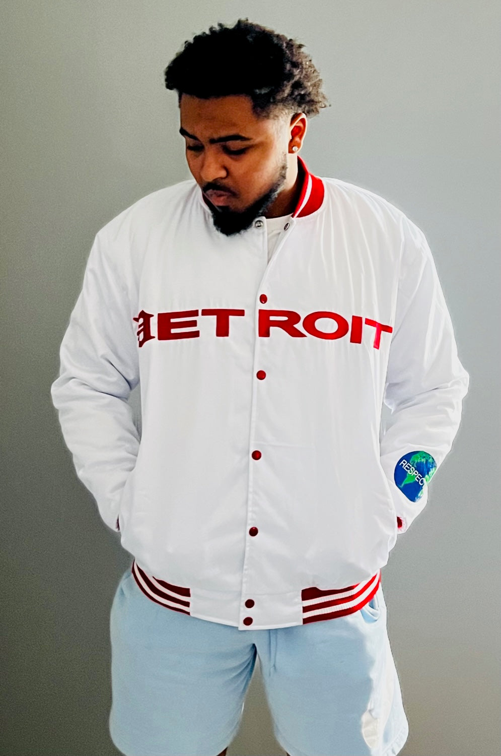 Detroit Mitten Satin Jacket White w/ Red Letters