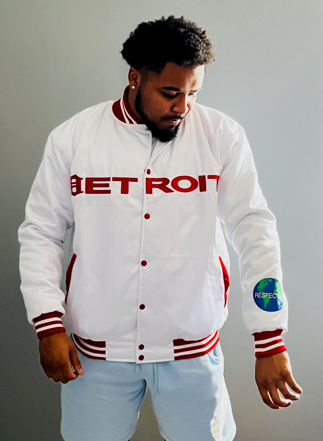 Detroit Mitten Satin Jacket White w/ Red Letters