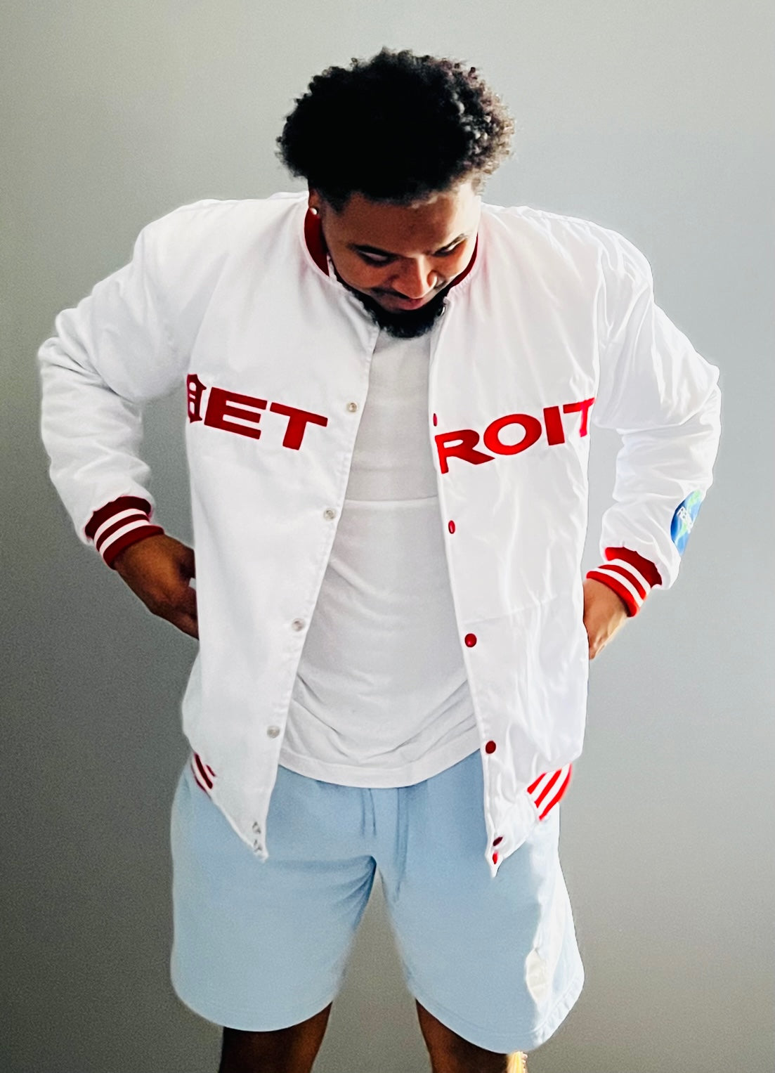 Detroit Mitten Satin Jacket White w/ Red Letters