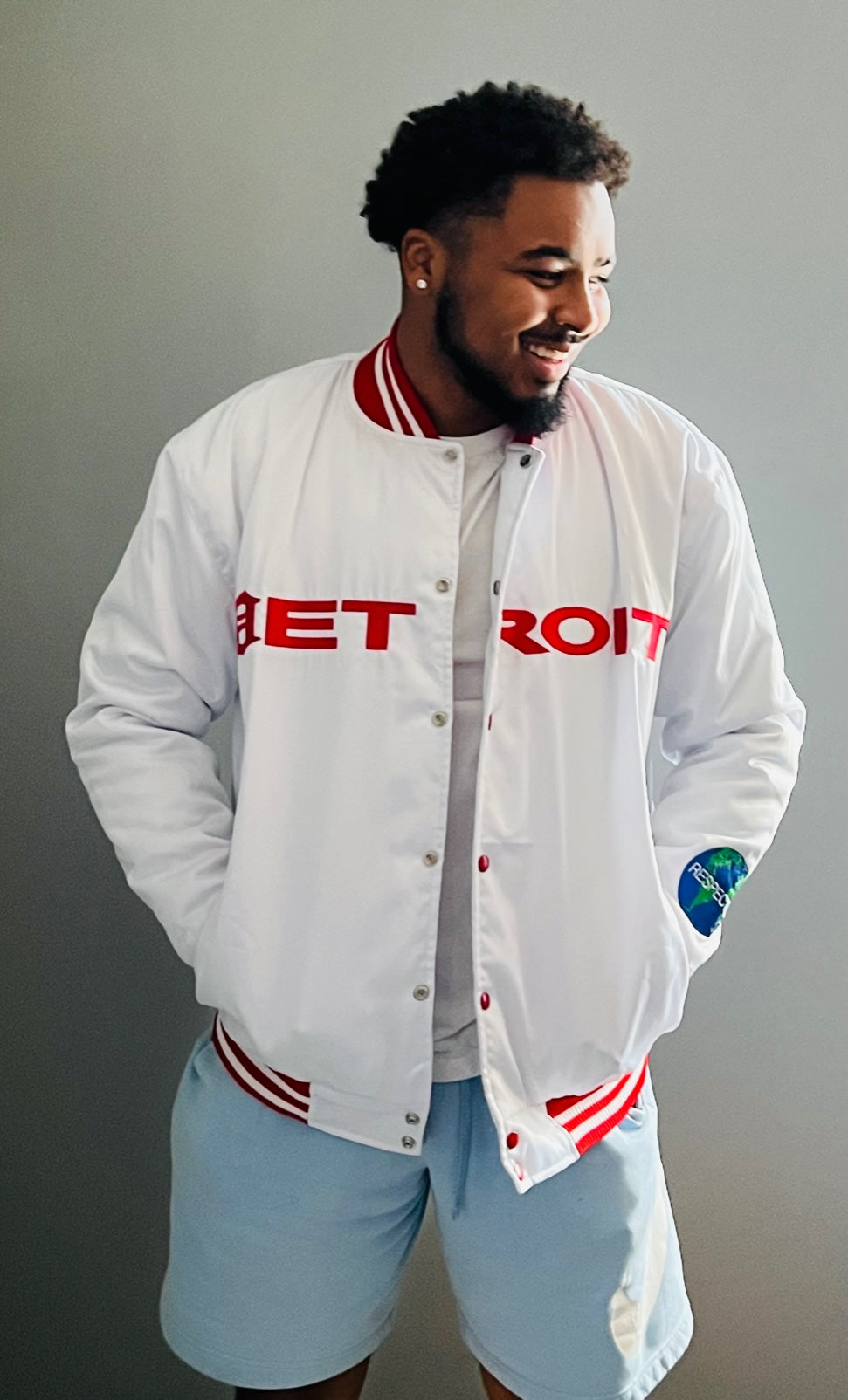 Detroit Mitten Satin Jacket White w/ Red Letters