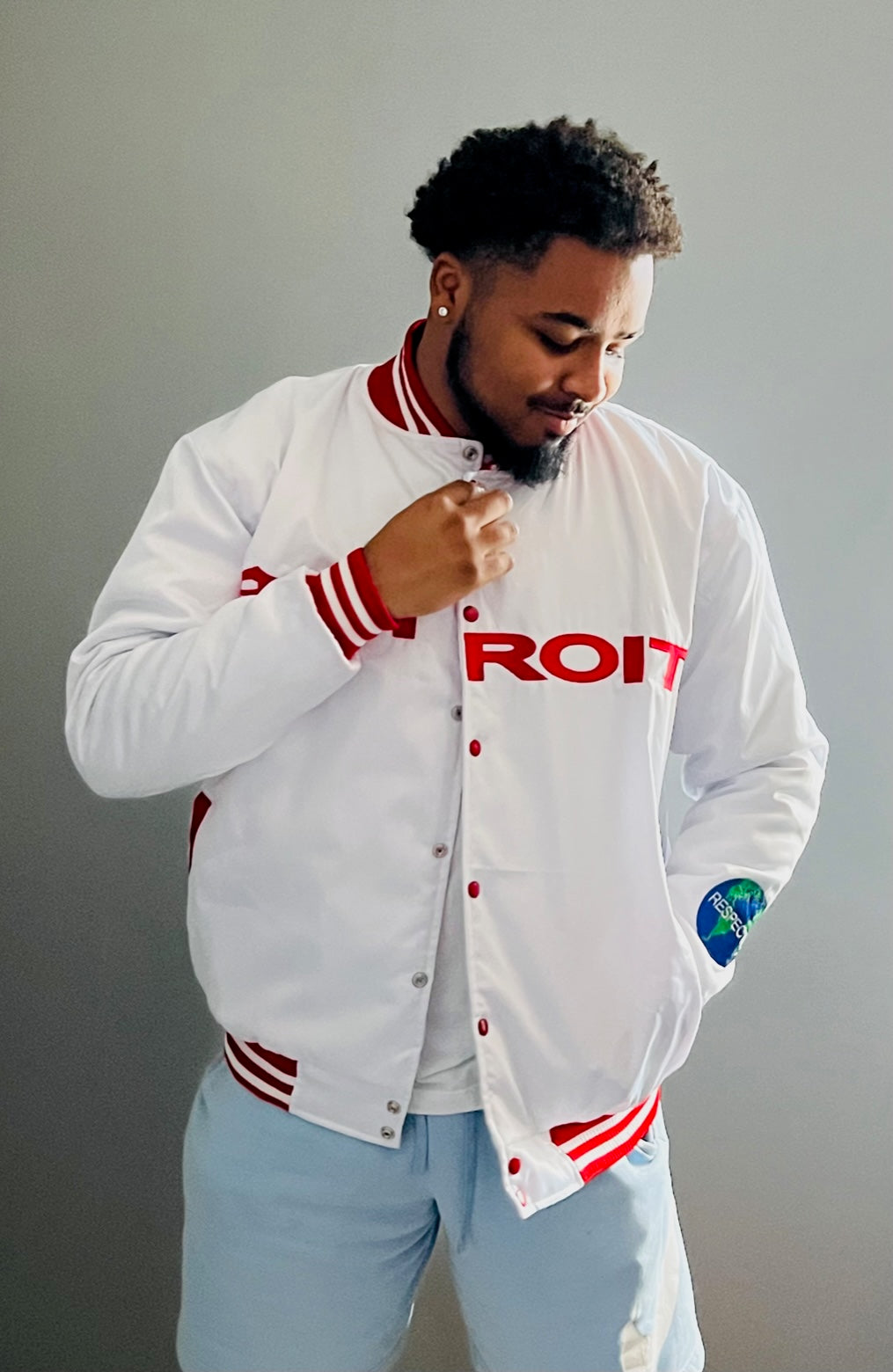 Detroit Mitten Satin Jacket White w/ Red Letters