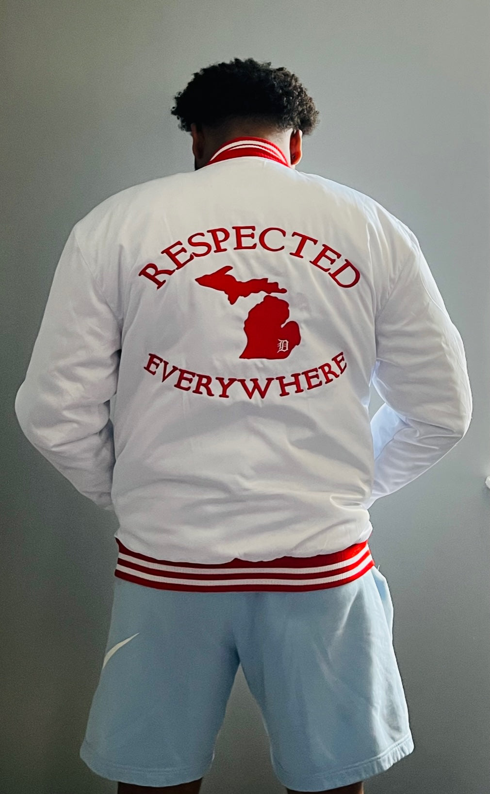 Detroit Mitten Satin Jacket White w/ Red Letters