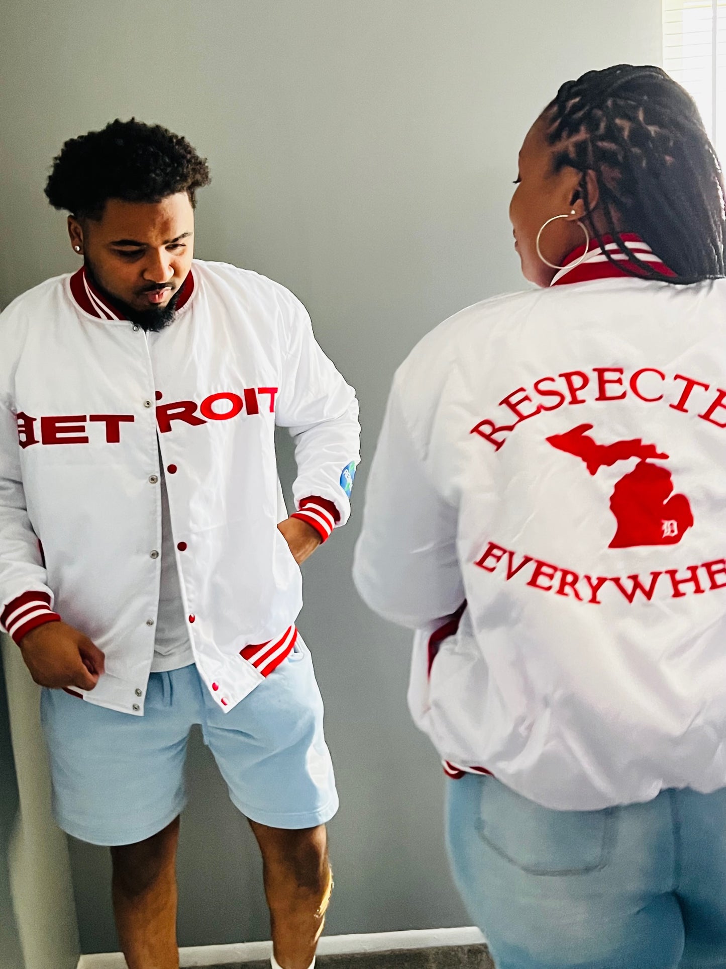 Detroit Mitten Satin Jacket White w/ Red Letters