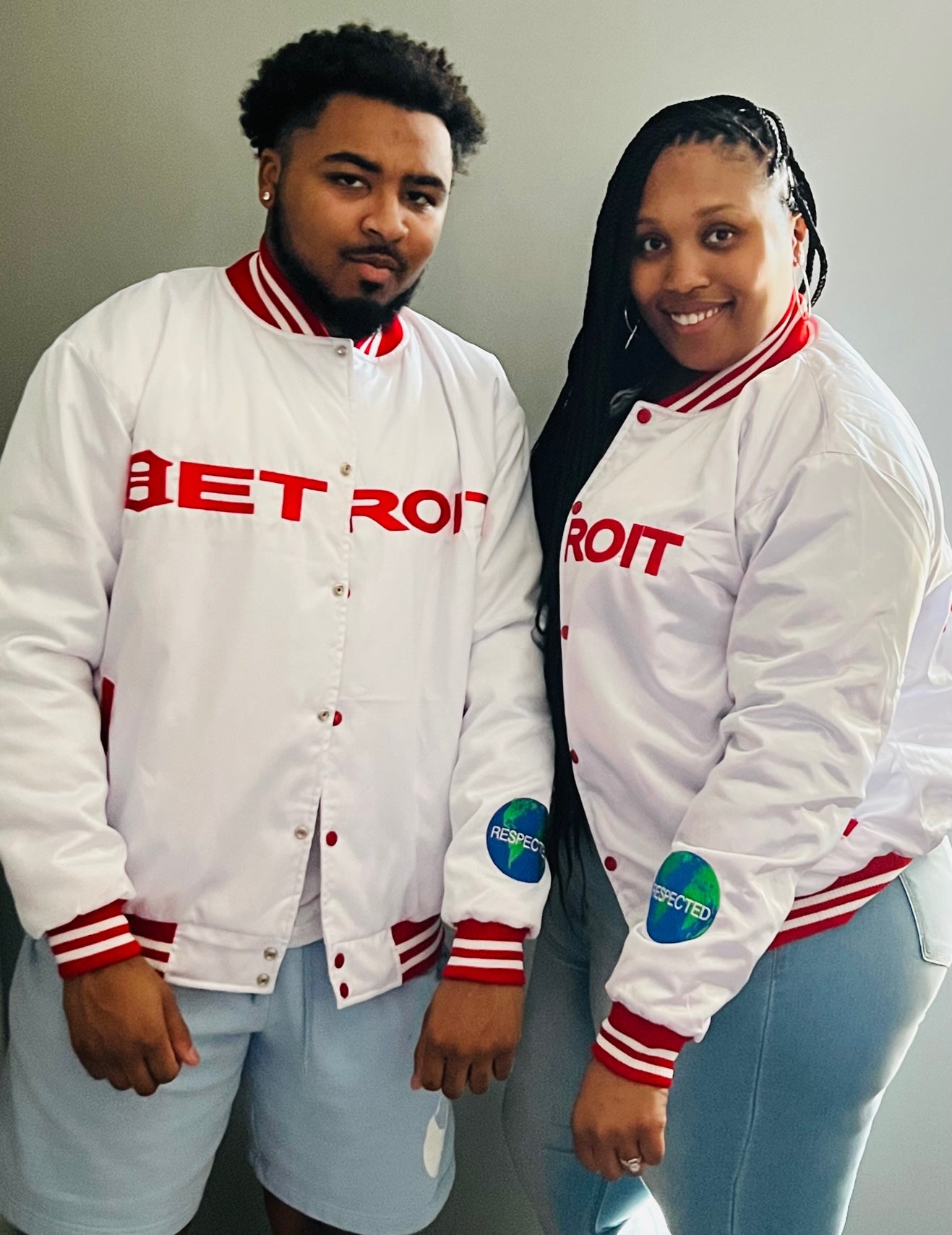 Detroit Mitten Satin Jacket White w/ Red Letters