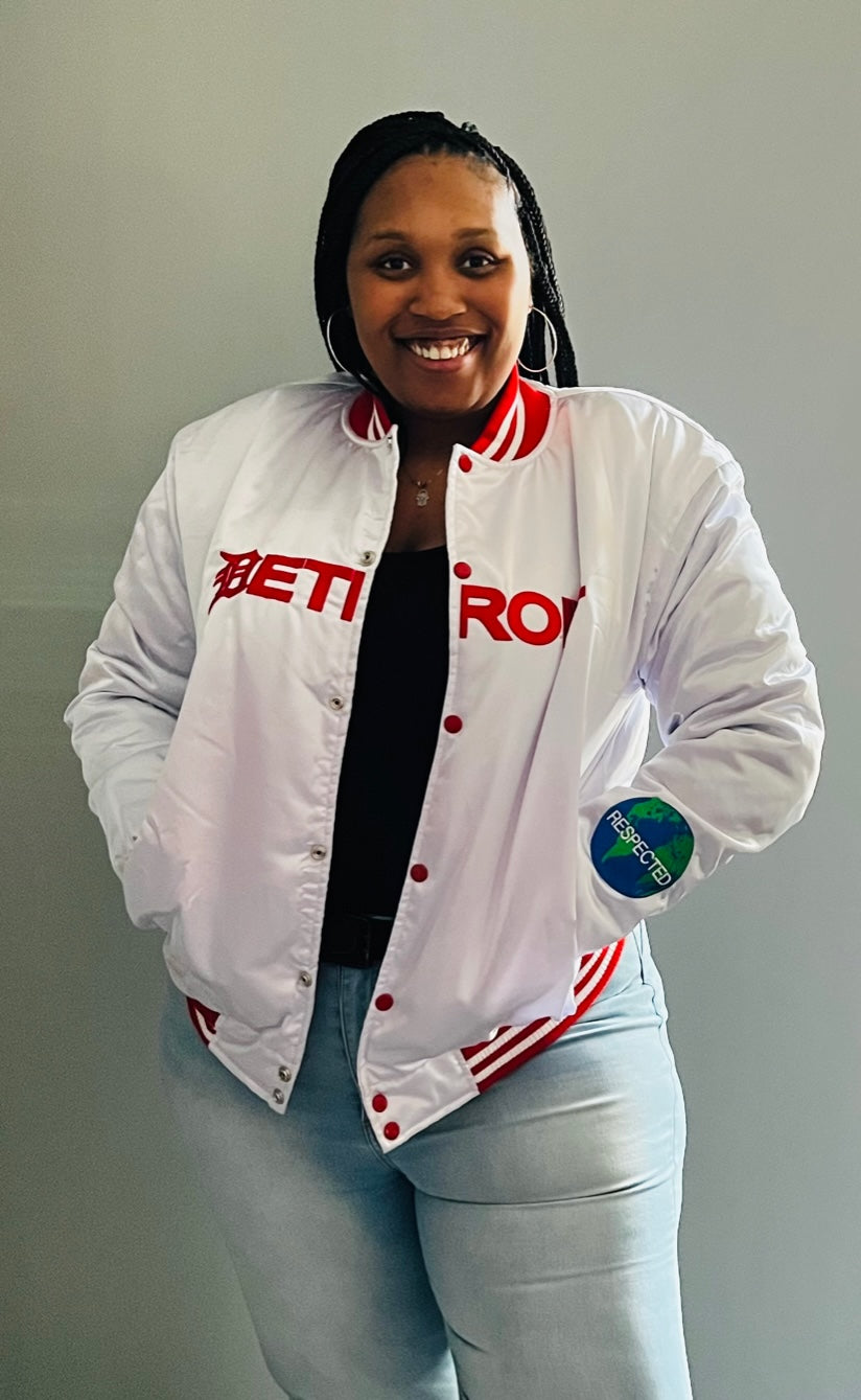 Detroit Mitten Satin Jacket White w/ Red Letters