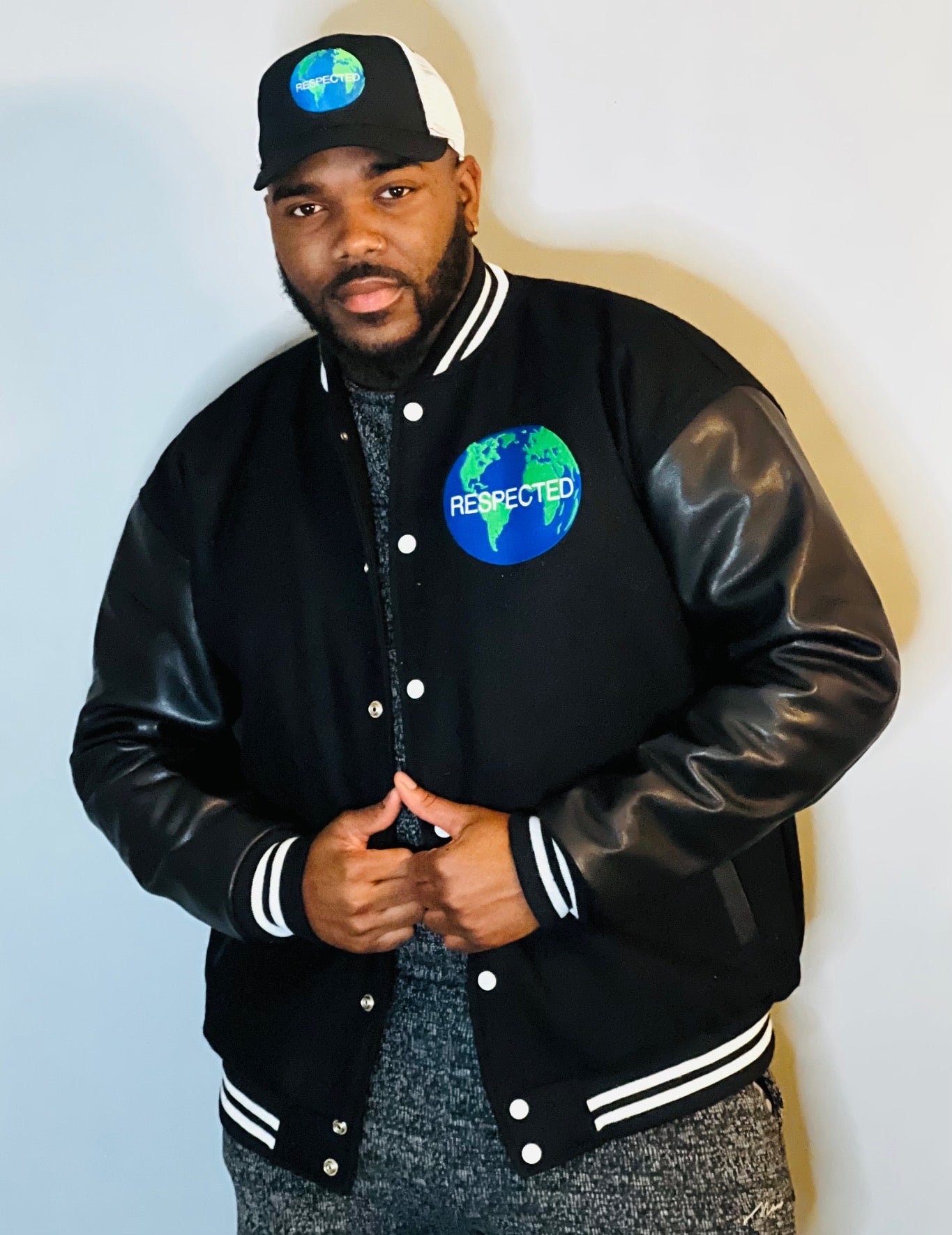 Half Moon Varsity Jacket Black with Black Leather Sleeves