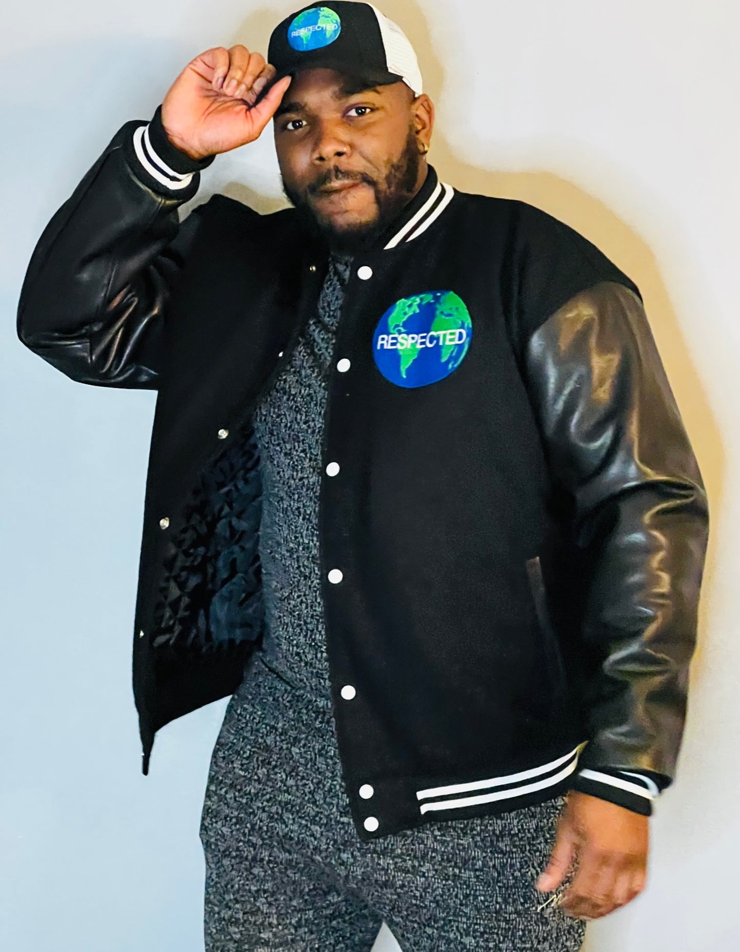 Half Moon Varsity Jacket Black with Black Leather Sleeves