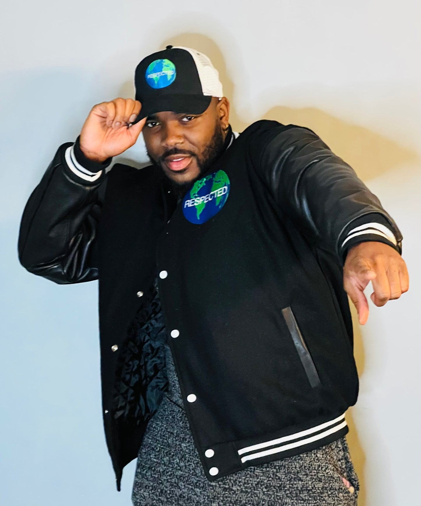 Half Moon Varsity Jacket Black with Black Leather Sleeves