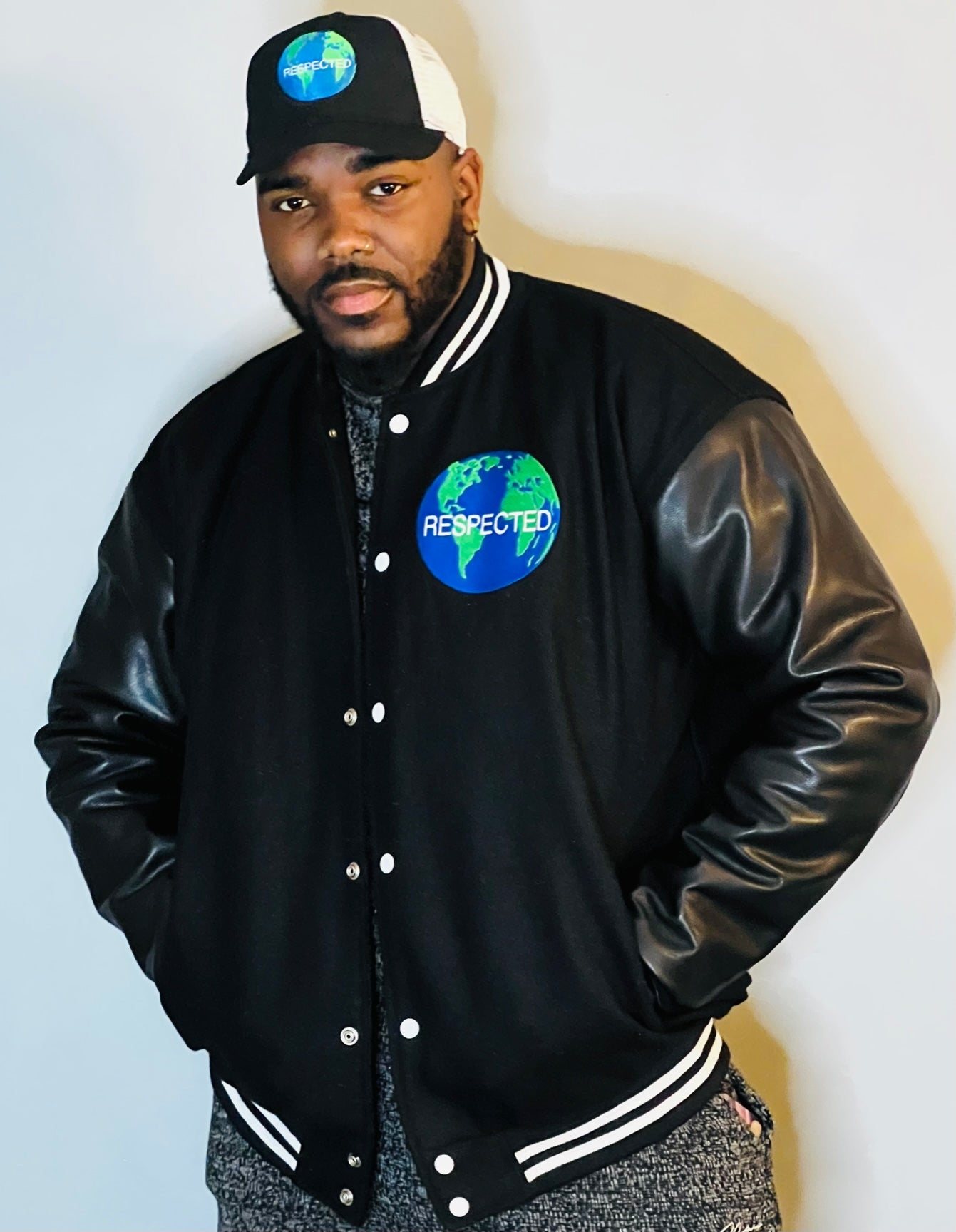 Half Moon Varsity Jacket Black with Black Leather Sleeves