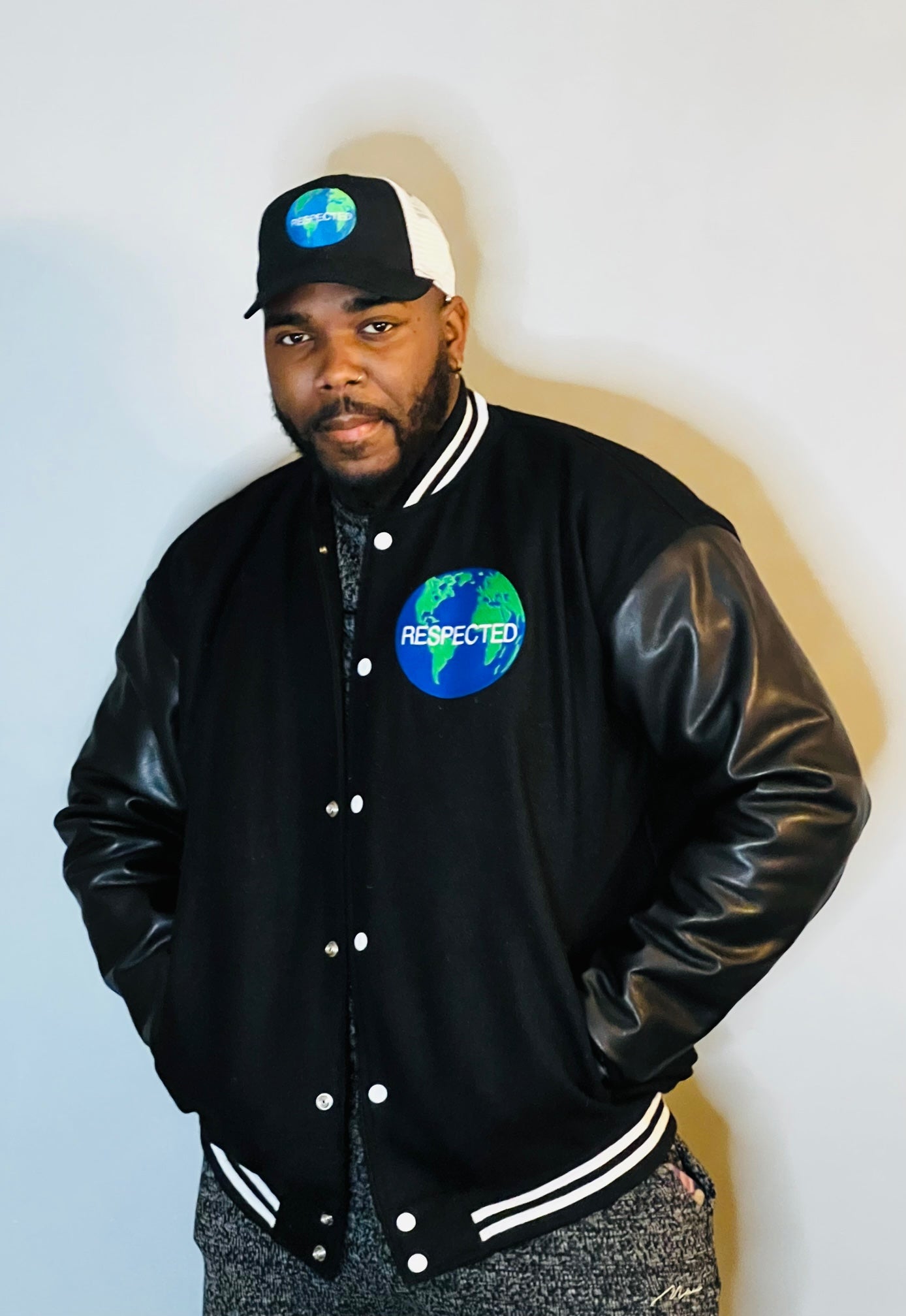 Half Moon Varsity Jacket Black with Black Leather Sleeves