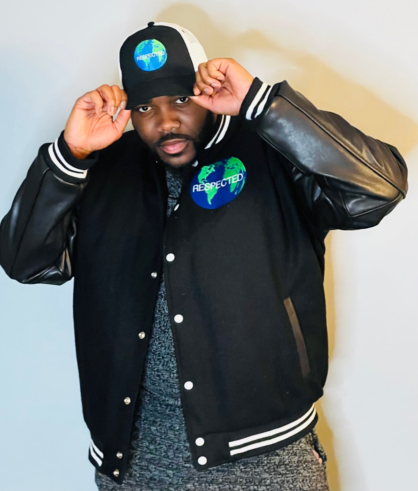 Half Moon Varsity Jacket Black with Black Leather Sleeves