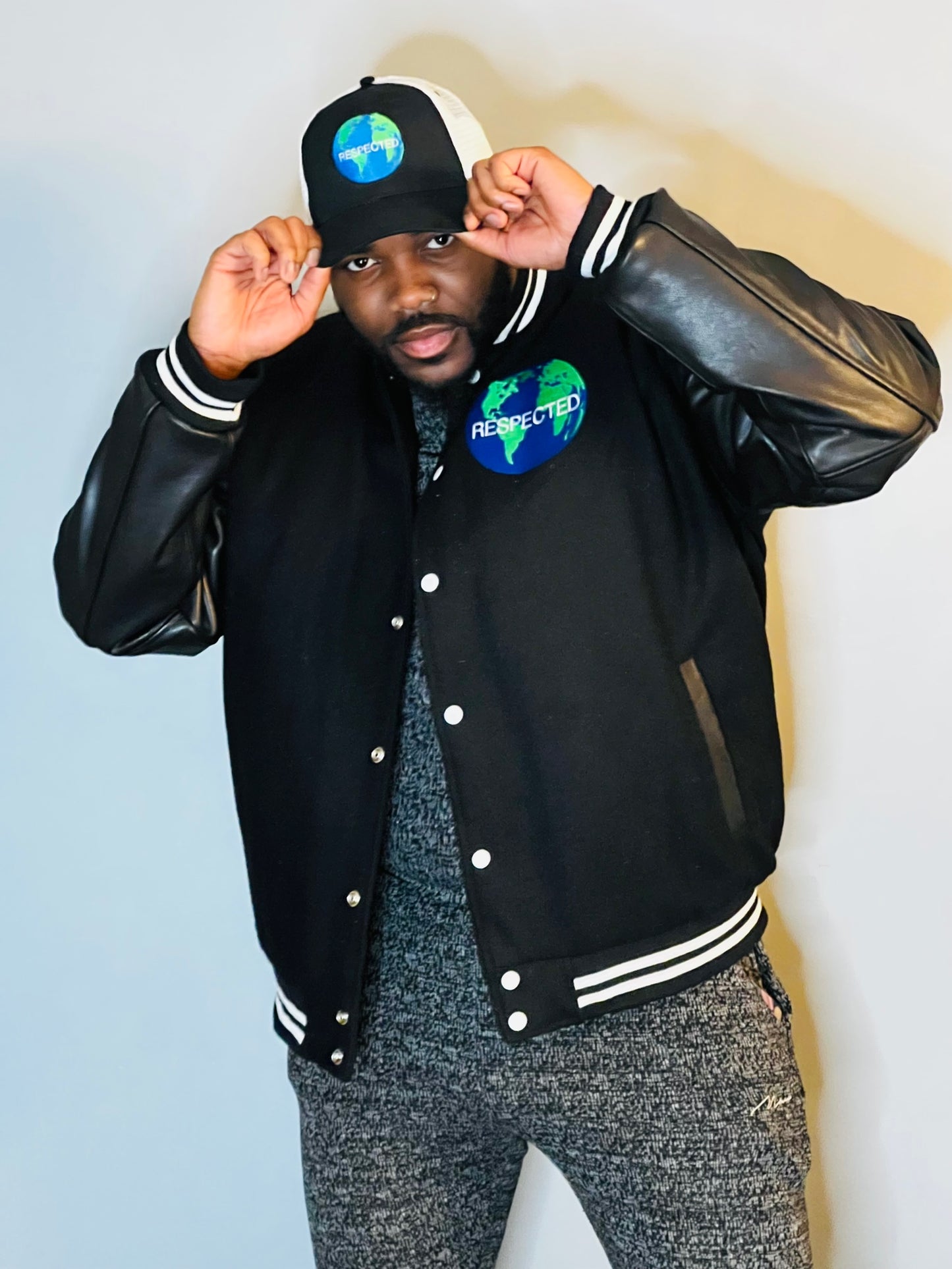 Half Moon Varsity Jacket Black with Black Leather Sleeves