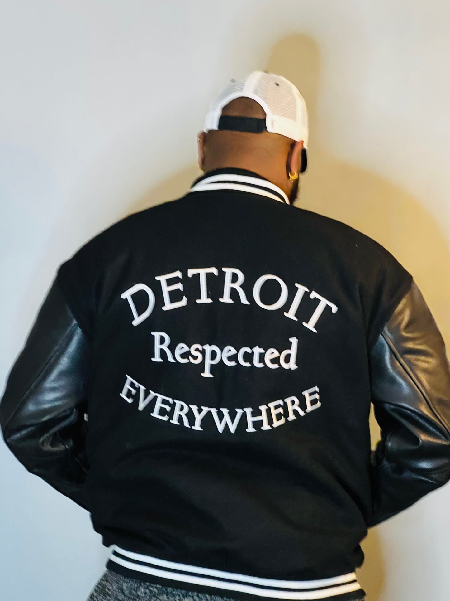 Half Moon Varsity Jacket Black with Black Leather Sleeves
