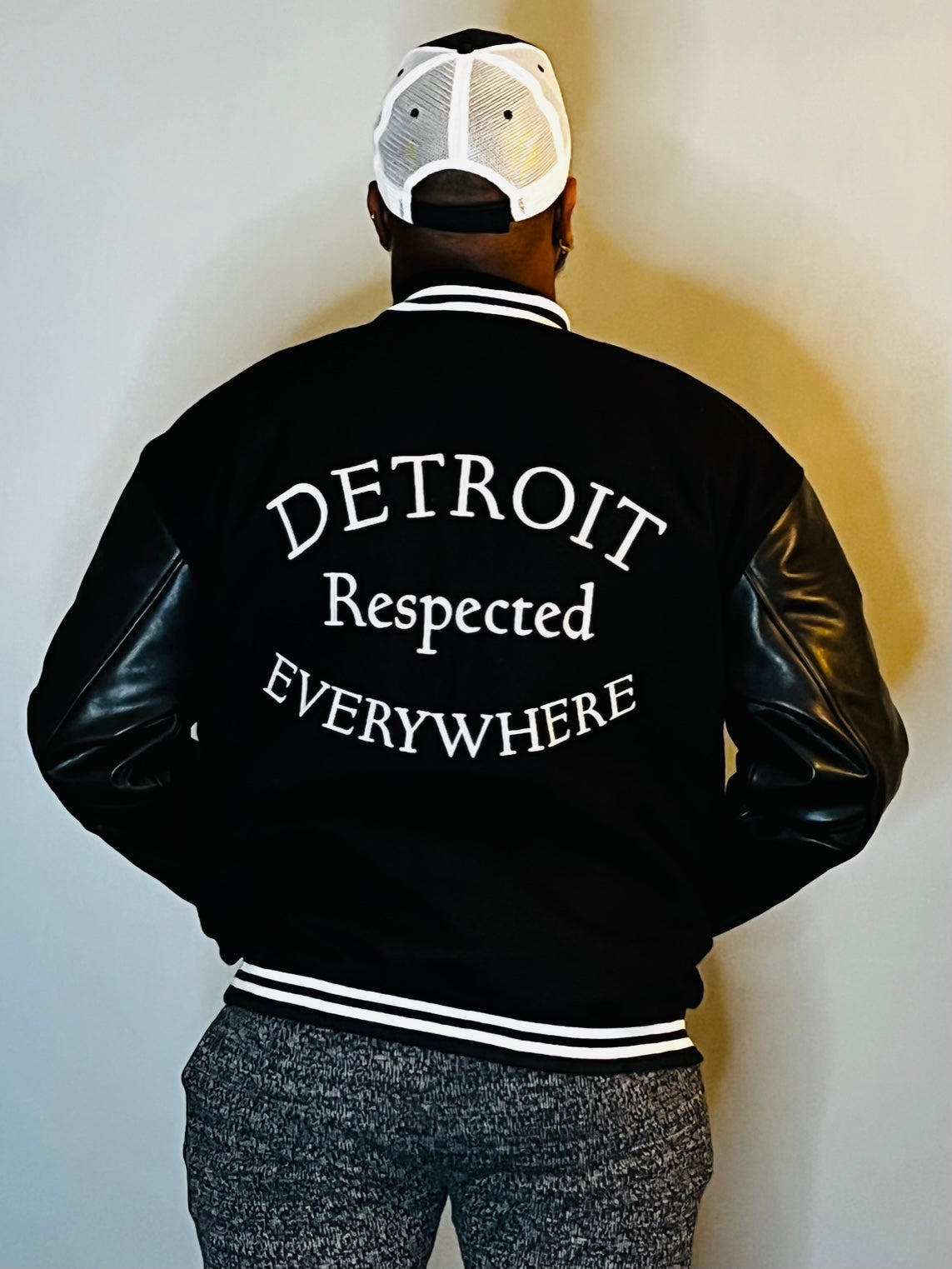 Half Moon Varsity Jacket Black with Black Leather Sleeves