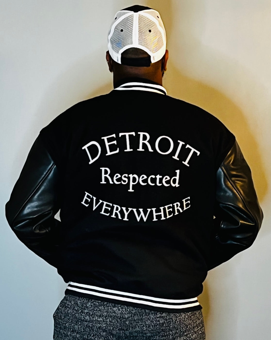Half Moon Varsity Jacket Black with Black Leather Sleeves