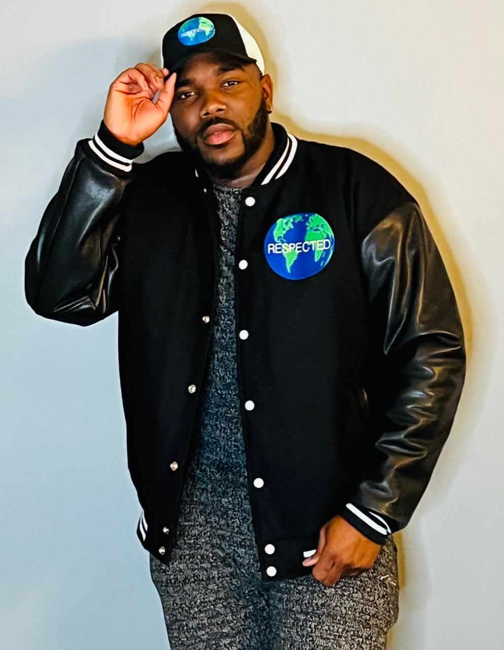 Half Moon Varsity Jacket Black with Black Leather Sleeves