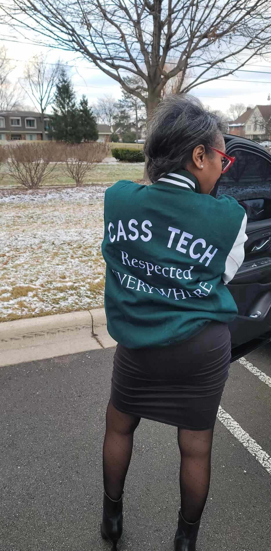 Detroit Cass Tech Half Moon Varsity Jacket Green w/ White Leather Sleeves