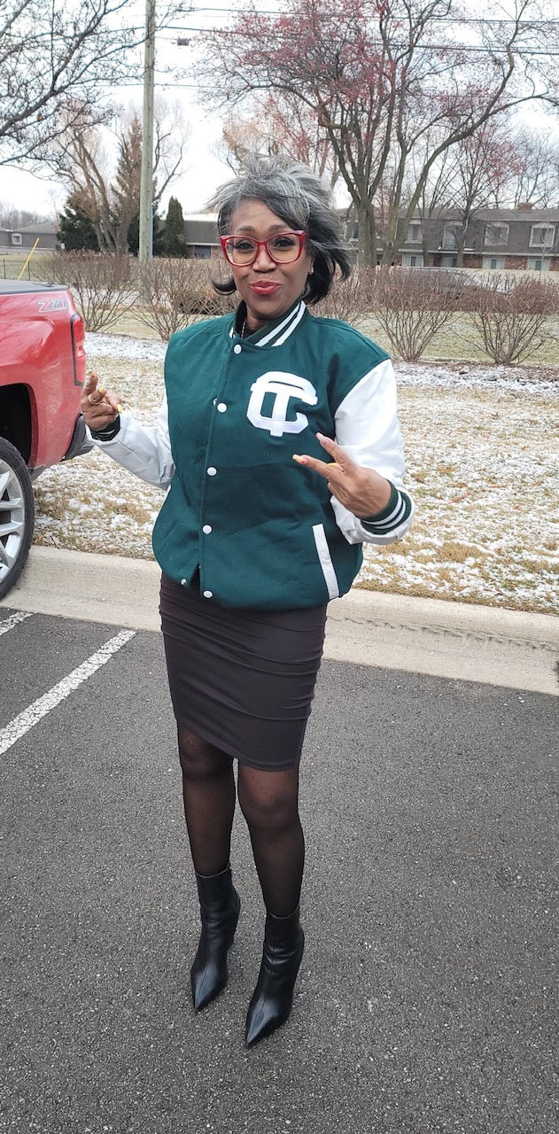 Detroit Cass Tech Half Moon Varsity Jacket Green w/ White Leather Sleeves