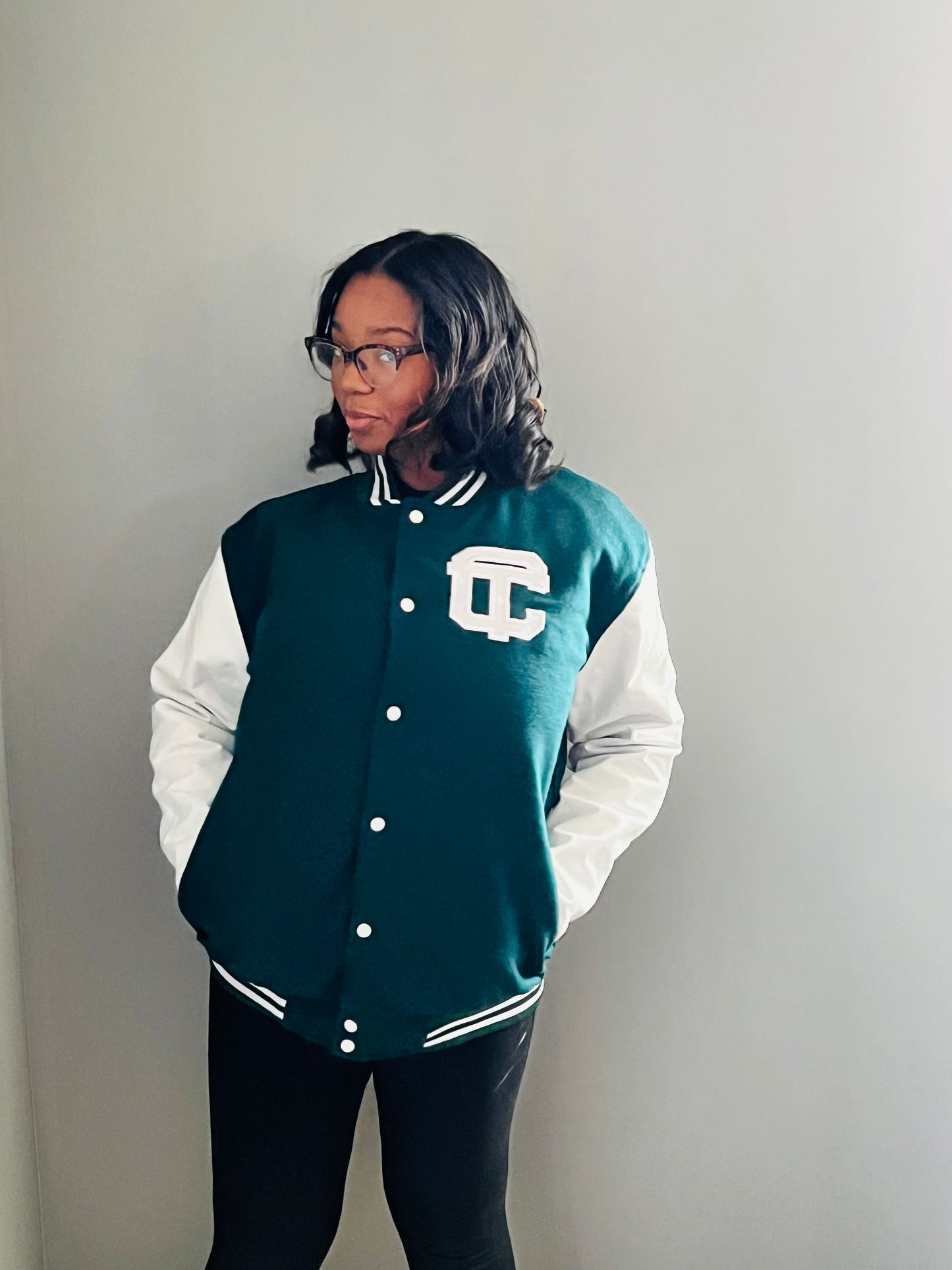 Detroit Cass Tech Half Moon Varsity Jacket Green w/ White Leather Sleeves