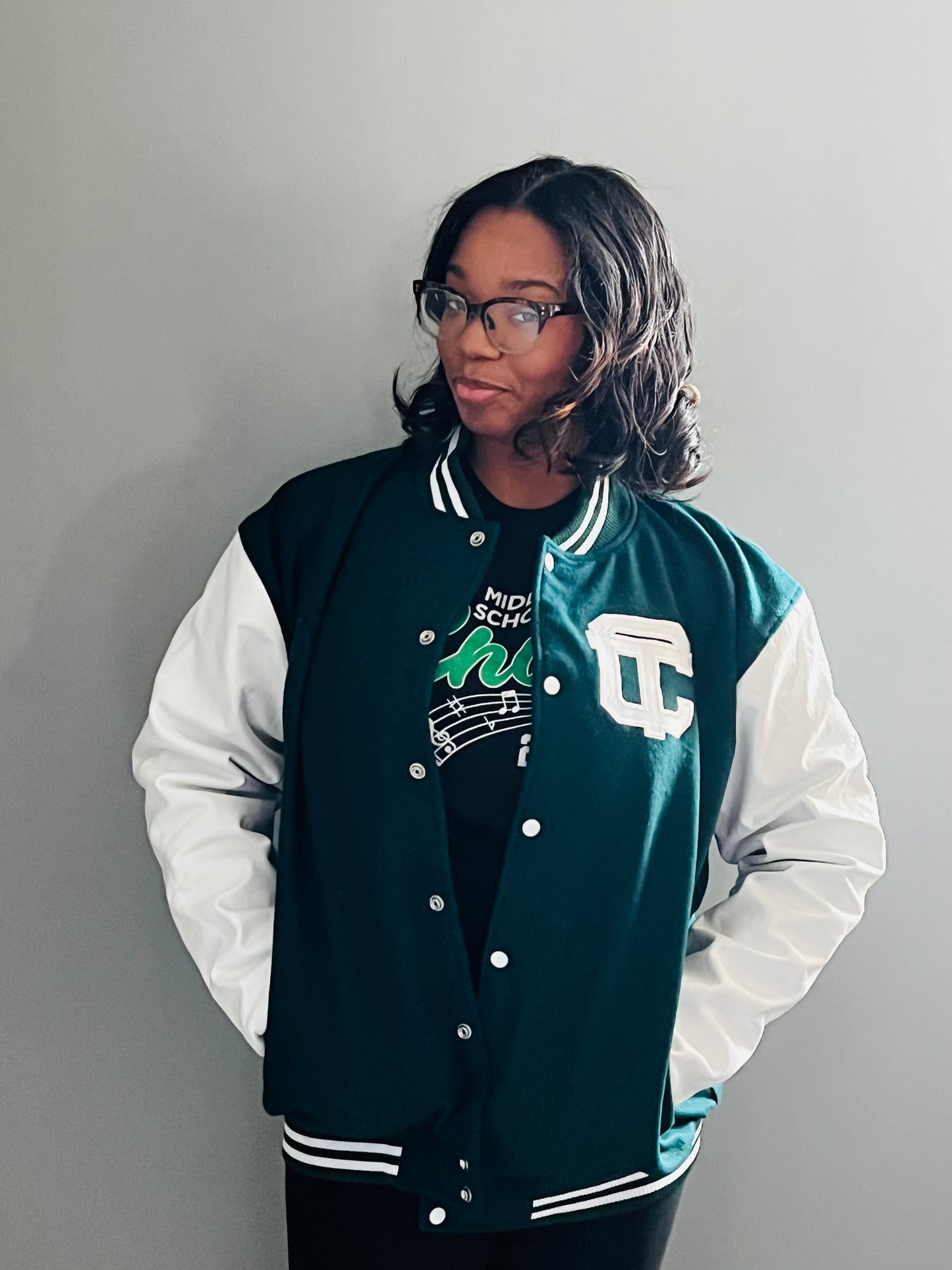 Detroit Cass Tech Half Moon Varsity Jacket Green w/ White Leather Sleeves