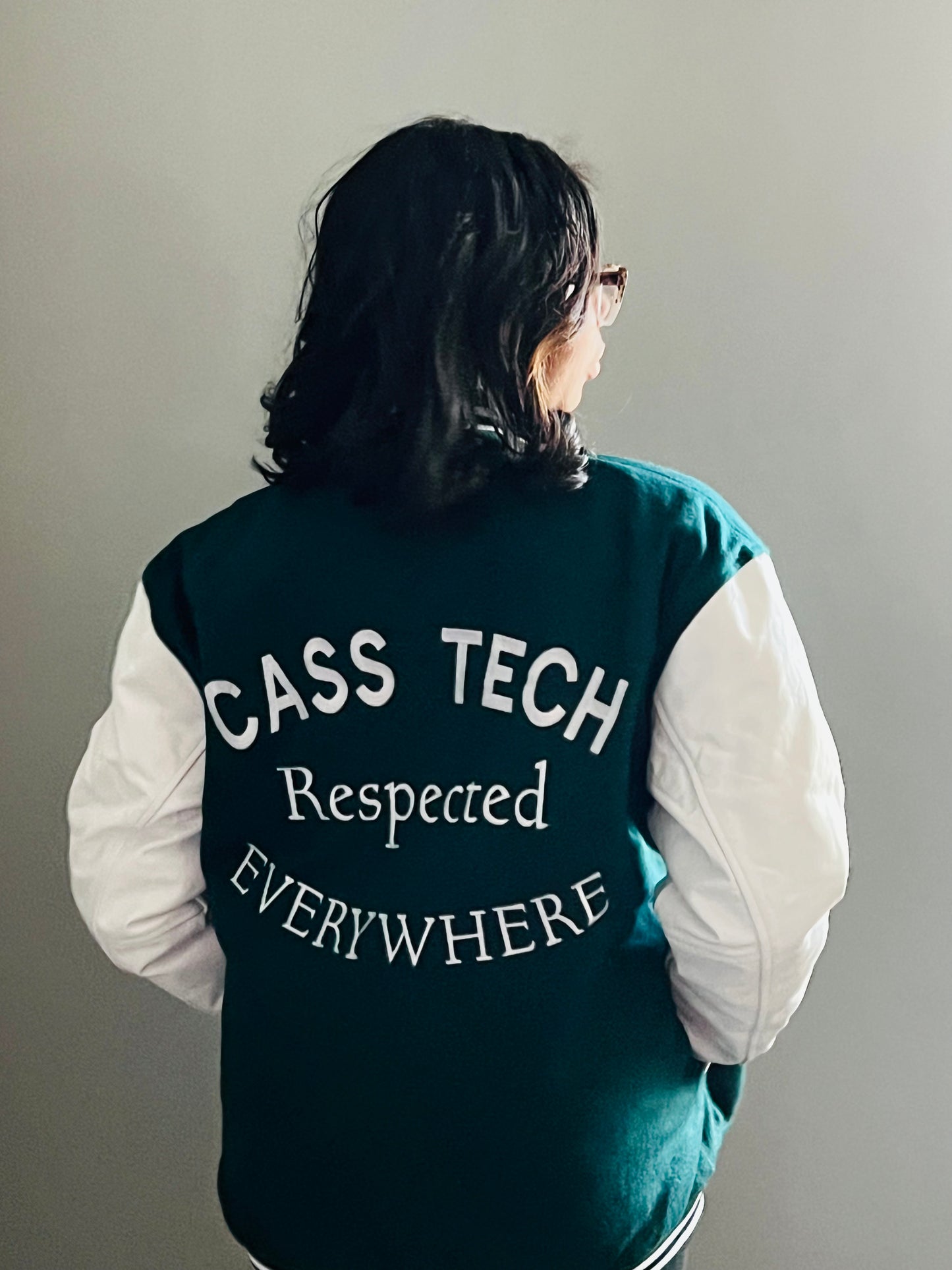 Detroit Cass Tech Half Moon Varsity Jacket Green w/ White Leather Sleeves